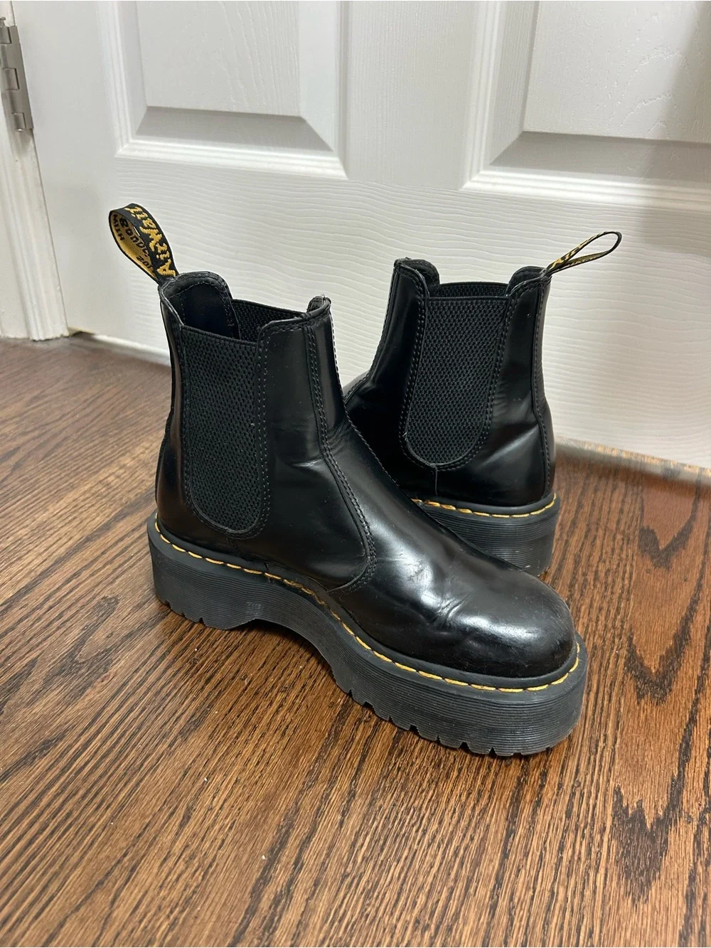 Dr. Martens Black Leather Platform Chelsea Boot with Yellow Tab